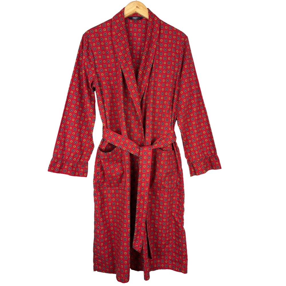 Vintage Travel Robe Mens Red Geometric Floral Medallion Cotton Dressing Gown
